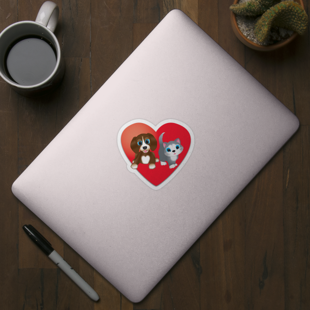 Brown Dog and Cat on Red Heart by KEWDesign